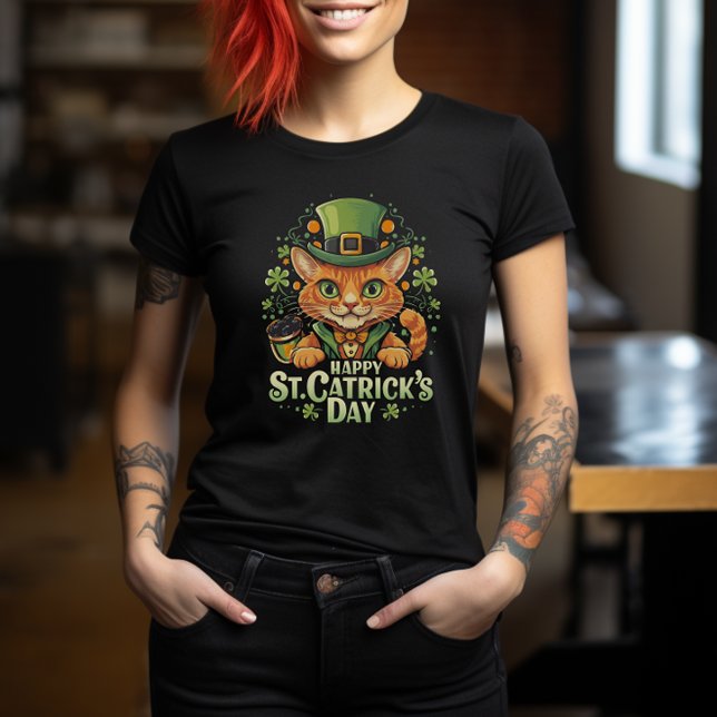 Cat Leprechaun, Lycklig St. Catricks Day T Shirt (Happy St. Catrick's Day" )