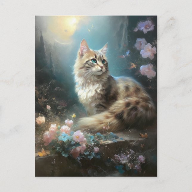 Cat Ligcape Flowers Fantasy Art Vykort (Framsida)
