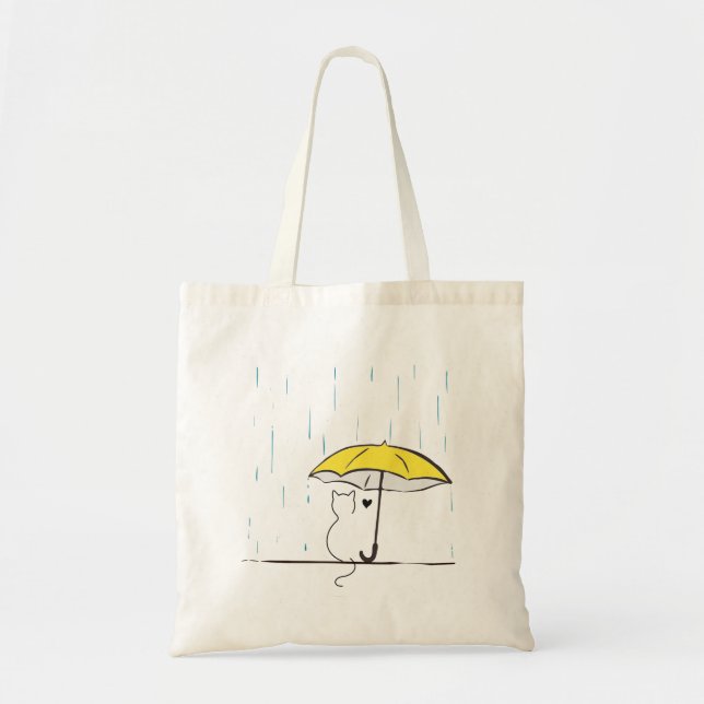 cat line drawing on a rainy day under umbrella tygkasse (Framsidan)