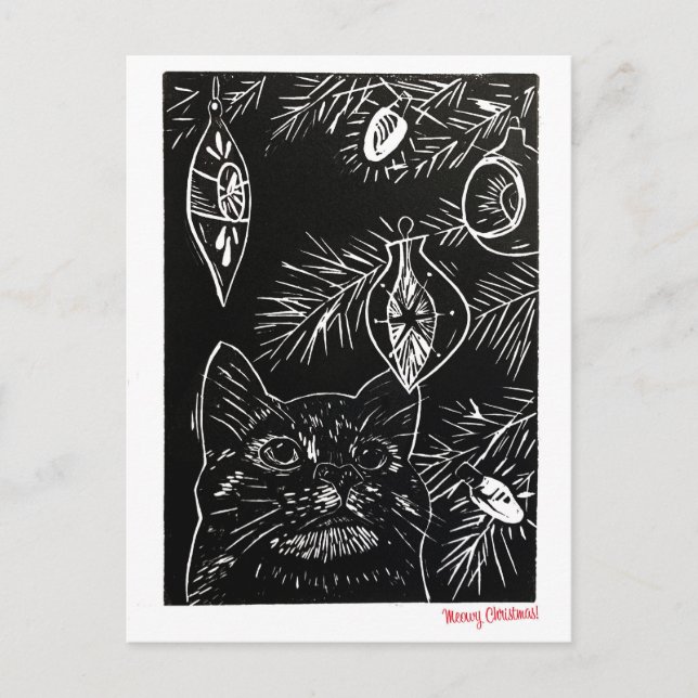Cat Linocut Christmas Postcard Helg Vykort (Framsida)