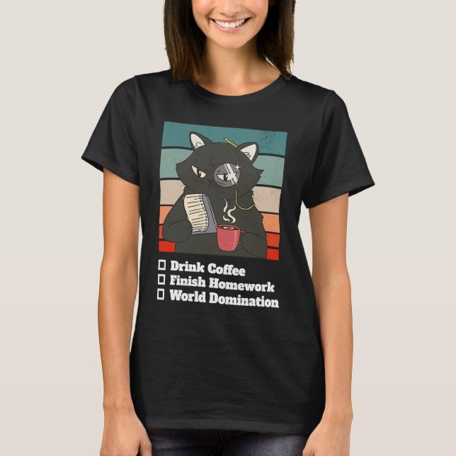Cat List World Domination Homework School Kid Coll T Shirt (Framsida)