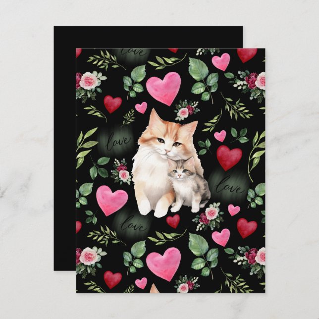 Cat Love Valentine’s Day Card in Black Anteckningskort (Fram/baksida)