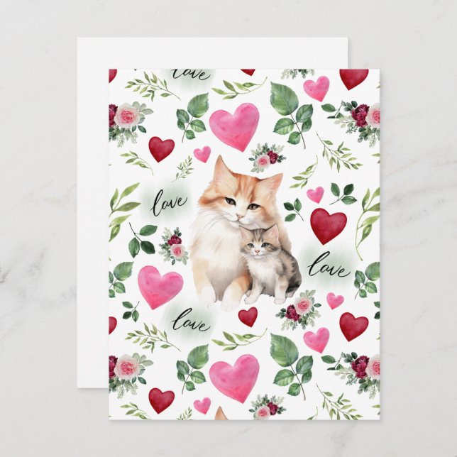 Cat Love Valentine’s Day Card in White Anteckningskort (Fram/baksida)