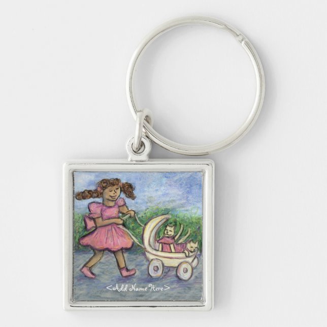 Cat Lover Baby Barnvagn Personlig Art Keychain Fyrkantig Silverfärgad Nyckelring (Framsidan)
