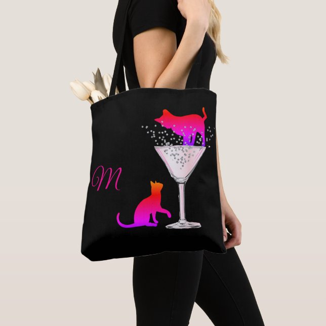 Cat Lover Black Cocktail Rosa Modern Monogram Tygkasse (Närbild)