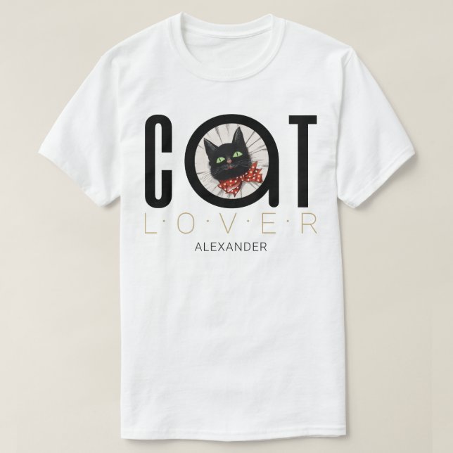 Cat Lover Black Red Grönt Bow Tie Namn anpassat T Shirt (Design framsida)