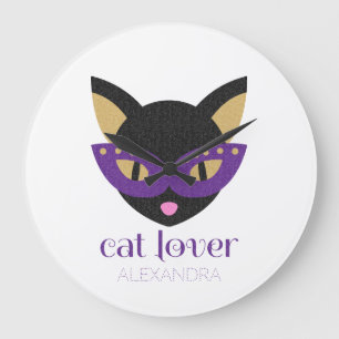 Cat Lover Cute Black Lila Guld, anpassat Namn Stor Klocka