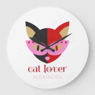 Cat Lover Cute Black Red Rosa Namn Personlig Stor Klocka