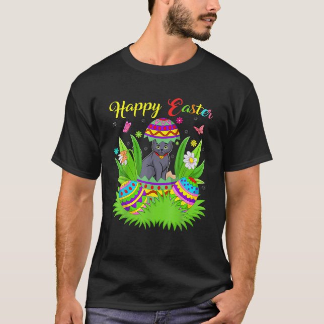 Cat Lover Floral Easter Egg Funny Russian Blue Cat T Shirt (Framsida)