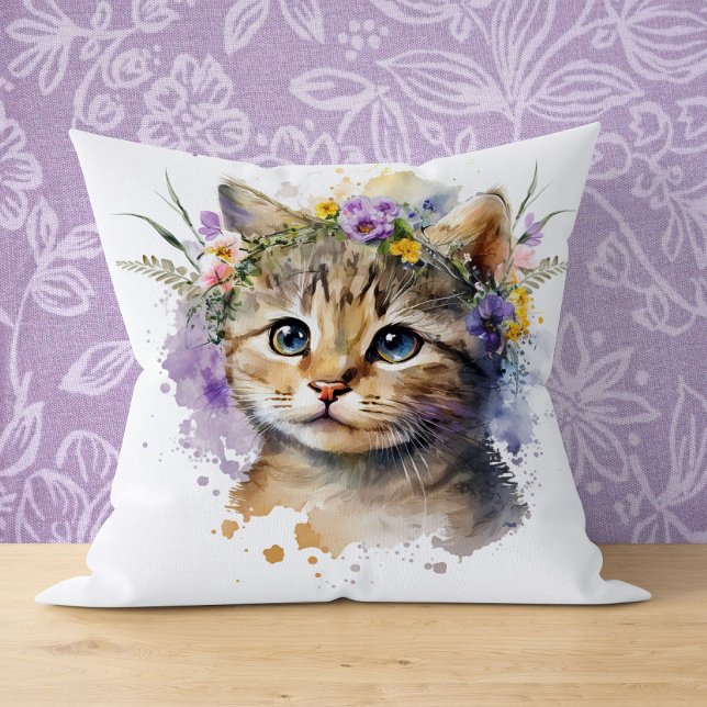 Cat Lover Gift - Vattenfärgat kaffe med blommor Kudde (Skapare uppladdad)