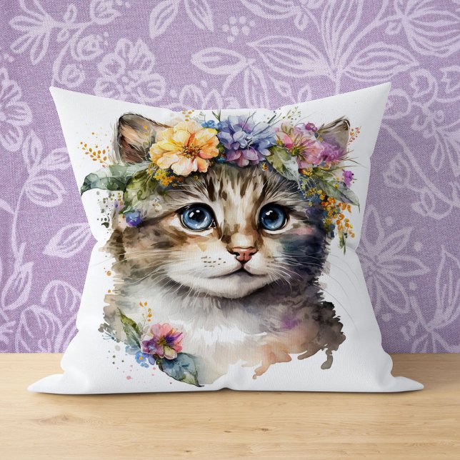 Cat Lover Gift - Vattenfärgat kaffe med blommor Kudde (Skapare uppladdad)