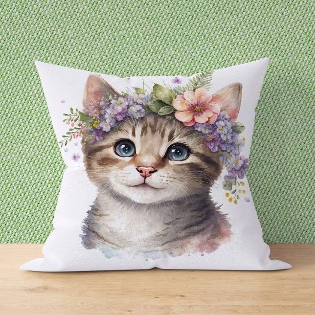 Cat Lover Gift - Vattenfärgat kaffe med blommor Kudde (Skapare uppladdad)