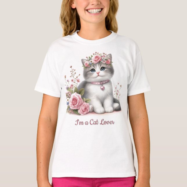 Cat Lover Grått Kitten Rosa ros T Shirt (Framsida)