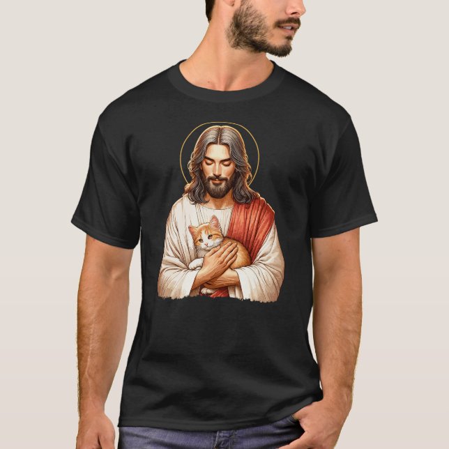 Cat Lover, Jesus Holding A Cat, Funny Christian Ar T Shirt (Framsida)