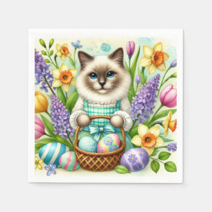 Cat Lover med Påsk Basket och blommor Pappersservett