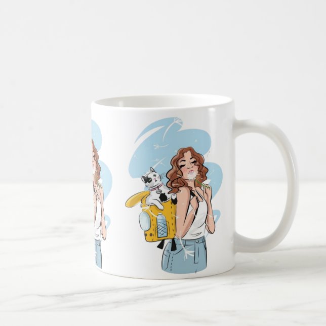 Cat Lover Mug – Stylish Woman with Cat in Backpack Kaffemugg (Höger)