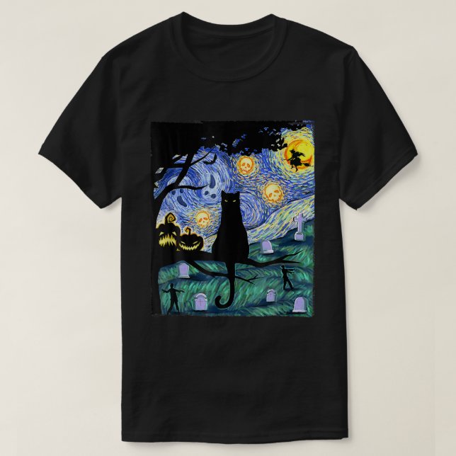Cat Lover Scary Night Cat Ee Van Gogh Cat Hallowee T Shirt (Design framsida)
