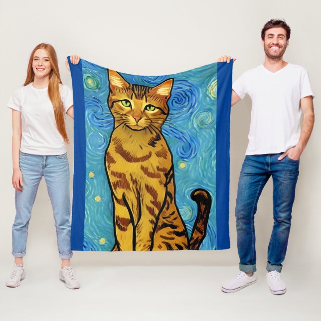 Cat Lover Van Gogh Stil Starry Night Fleecefilt (På plats)