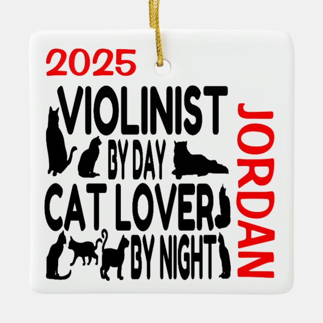 Cat Lover Violinist ANPASSNINGSBAR Julgransprydnad Keramik (Framsida)