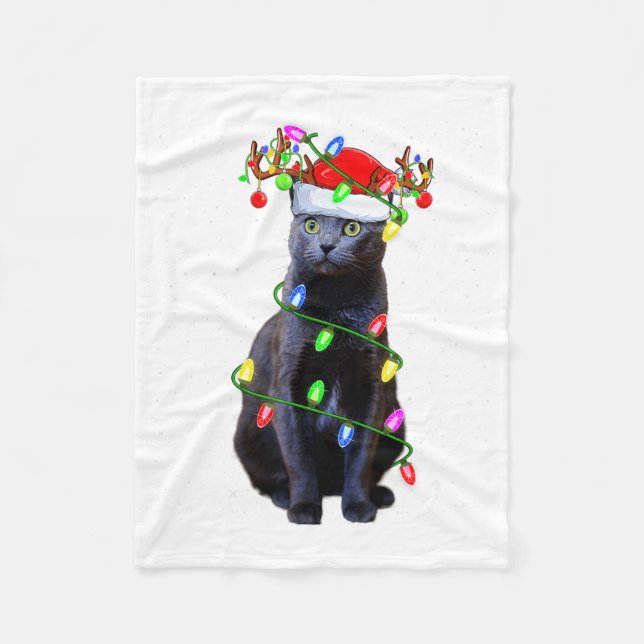 Cat Lover Xmas Lighting Santa Russian Blue Cat Chr Fleecefilt (Framsidan)