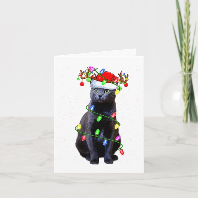 Cat Lover Xmas Lighting Santa Russian Blue Cat Chr Kort (Framsida)
