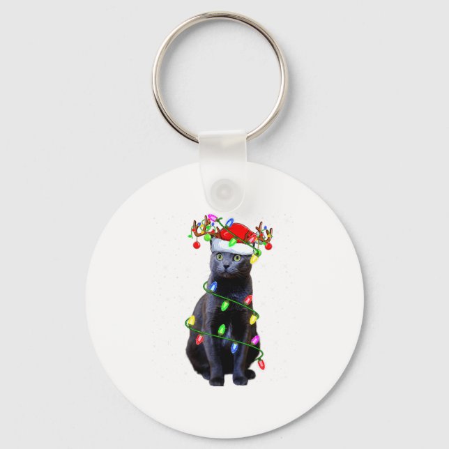 Cat Lover Xmas Lighting Santa Russian Blue Cat Chr Nyckelring (Framsida)