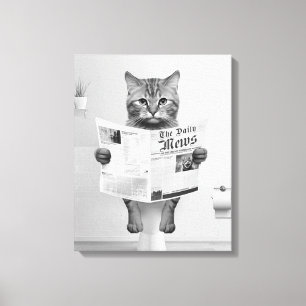 Cat Lovers Bathroom Wall Art, Black and White Cat Canvastryck
