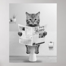 Cat Lovers Bathroom Wall Art, Black and White Cat