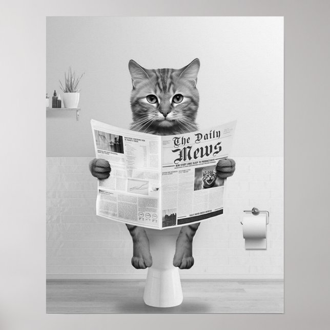 Cat Lovers Bathroom Wall Art, Black and White Cat Poster (Framsidan)