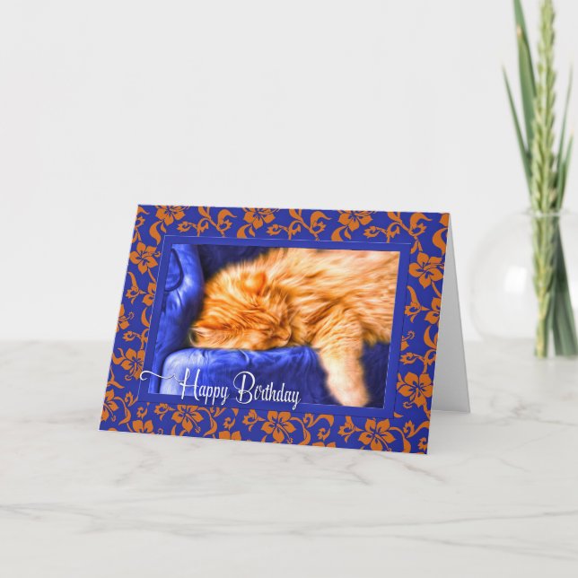 Cat Lover's Birthday Orange Tabby Royal Blue Kort (Framsida)