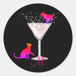 Cat Lovers Bubbles Modern Black Cocktail Monogram Runt Klistermärke