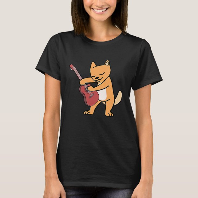 Cat Loves Musical Instruments Plays Guitar T Shirt (Framsida)