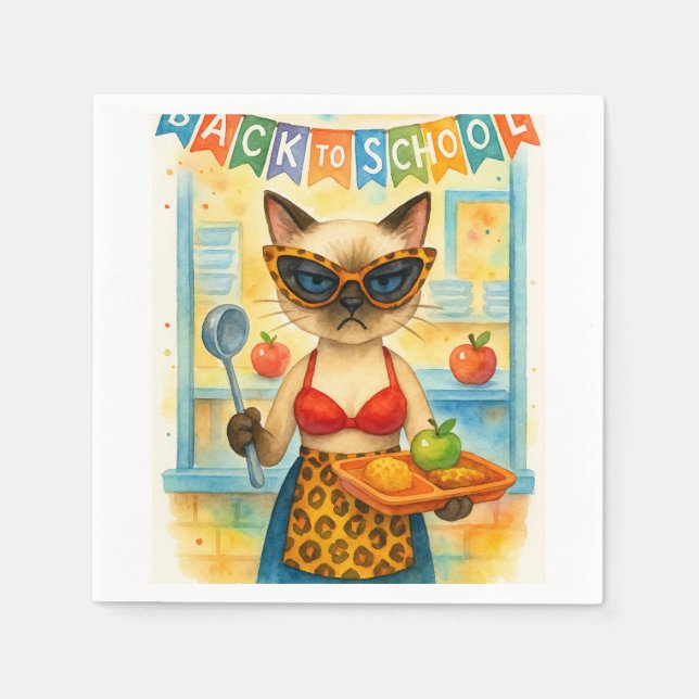 Cat Lunch Dam som serverar mat Back to school Pappersservett (Framsidan)