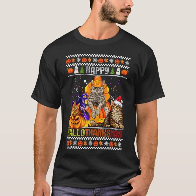 Cat Lycklig Hallothanksmas Halloween Thanksgiving  T Shirt (Framsida)