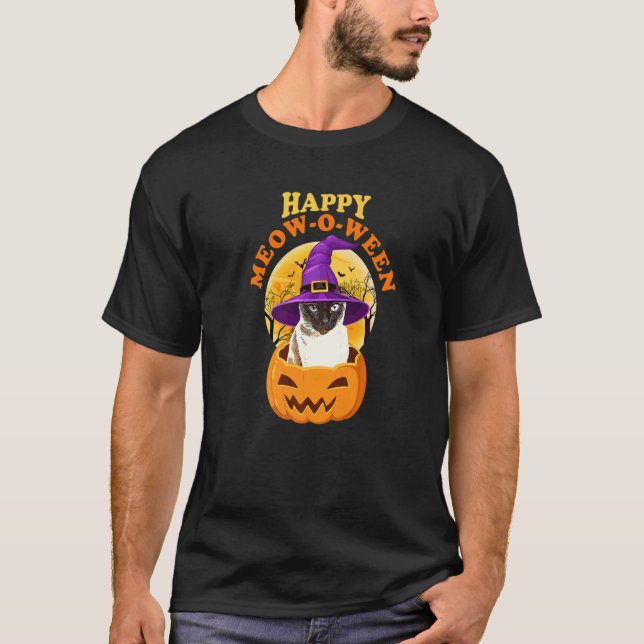 Cat Lycklig Meow O Ween Witch Halloween T Shirt (Framsida)