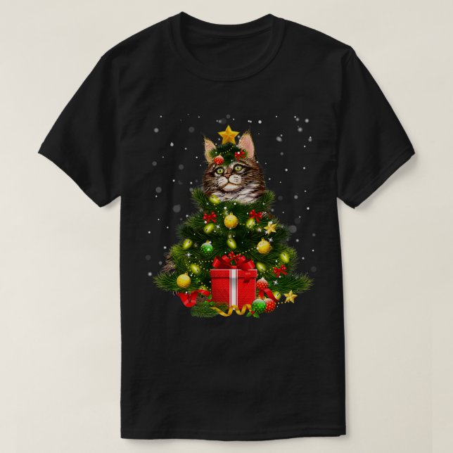Cat Maine Coon Cat Julafton Träd Ljus Cat Lover Ug T Shirt (Design framsida)