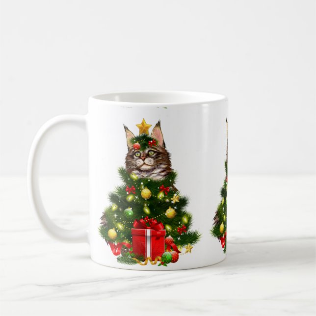 Cat Maine Coon Cat Xmas Tree Lights Cat Lover Ugly Kaffemugg (Vänster)