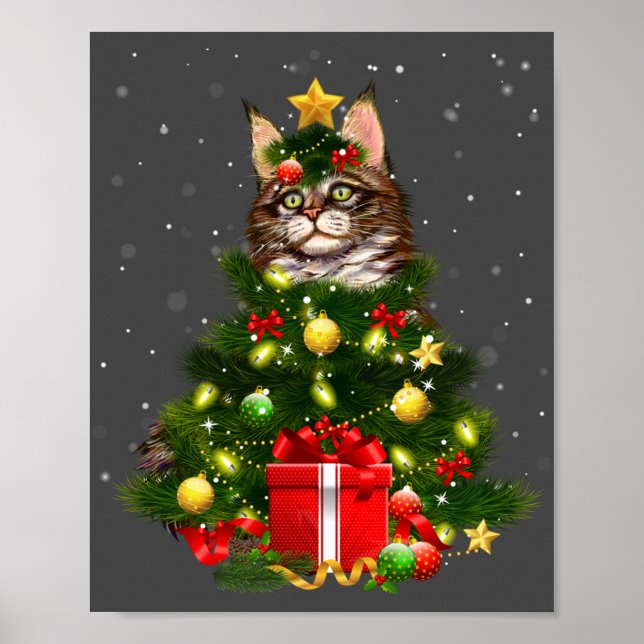 Cat Maine Coon Cat Xmas Tree Lights Cat Lover Ugly Poster (Framsidan)