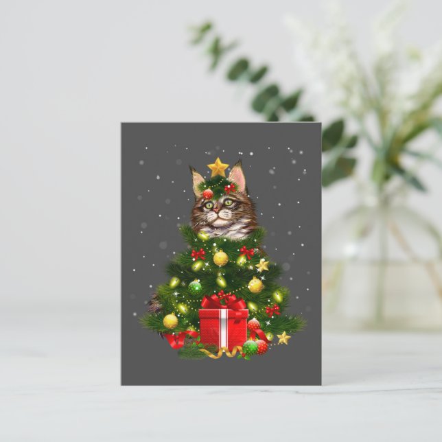 Cat Maine Coon Cat Xmas Tree Lights Cat Lover Ugly Vykort (Stående Fram)