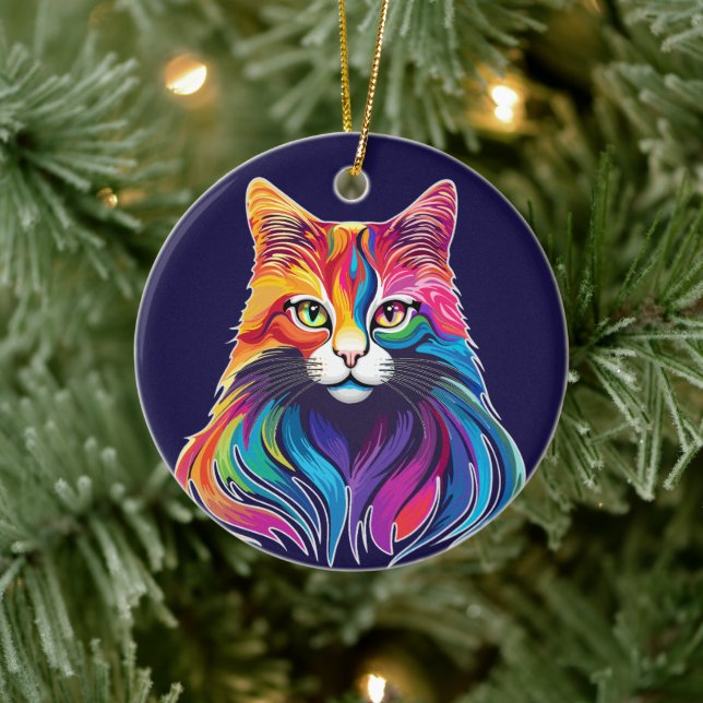 Cat Maine Coon Porträtt Rainbow Färg Julgransprydnad Keramik (Träd)