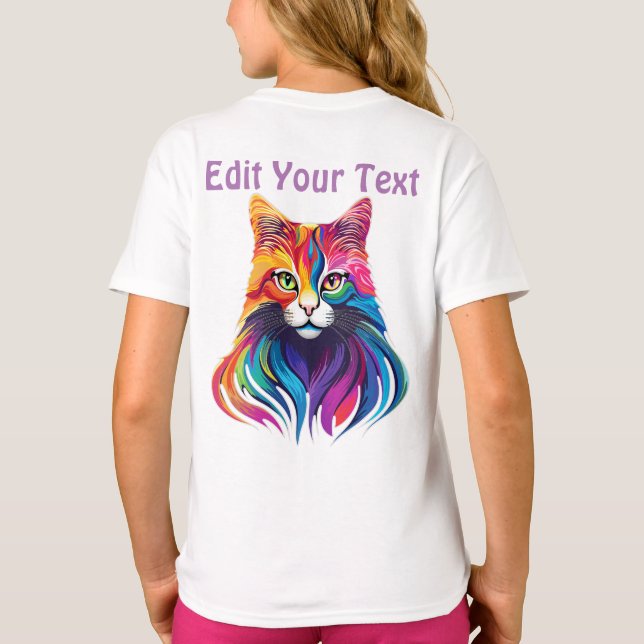 Cat Maine Coon Porträtt Rainbow Färg T Shirt (Baksida)
