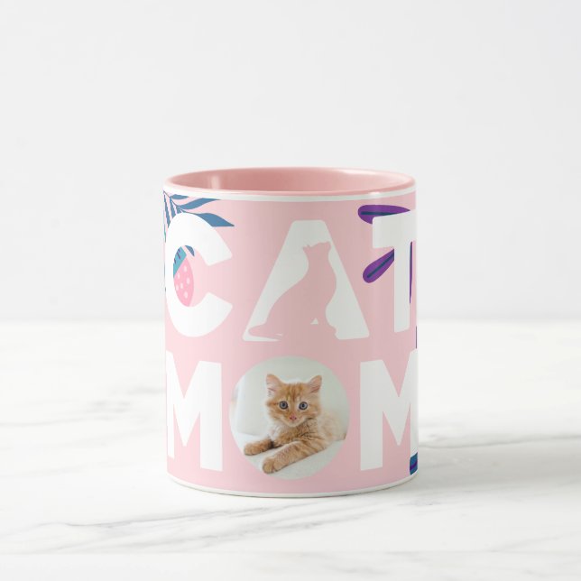 CAT MAMMA, ditt foto, Rosa Flowers & Löv Mugg (Center)