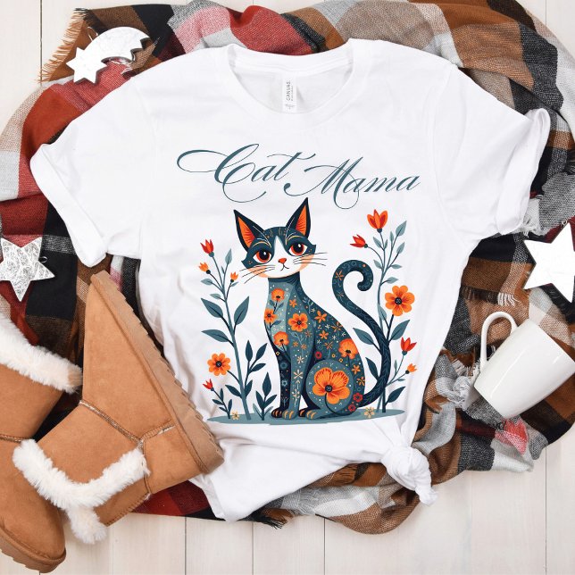Cat Mamma Folk Art T-Shirt Perfekt för Cat Lovers (Skapare uppladdad)