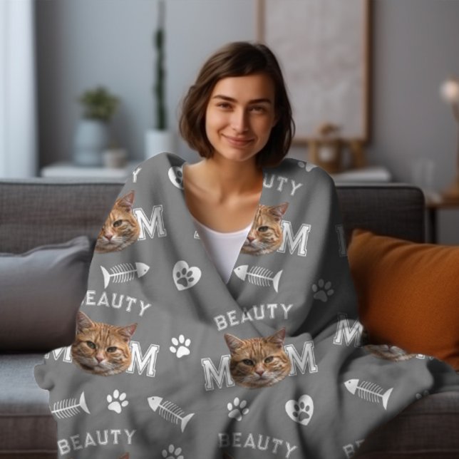 Cat Mamma Grått Personlig Namn och Photo Repeat Fl Fleecefilt (Skapare uppladdad)
