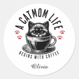 Cat Mamma Life börjar med kaffe - personlig Runt Klistermärke