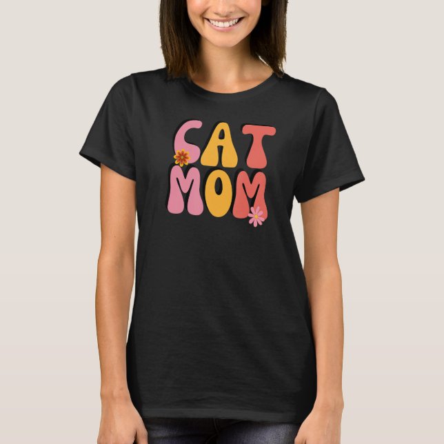 Cat Mamma Retro Groovy Flowers T Shirt (Framsida)