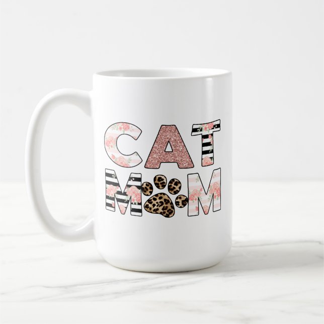 Cat Mamma Rosa Blommigt & Leopard Tass Kaffemugg (Vänster)