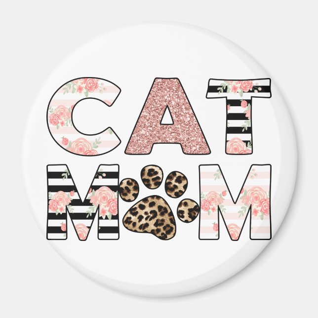 Cat Mamma Rosa Blommigt & Leopard Tass Magnet (Framsidan)