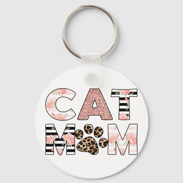 Cat Mamma Rosa Blommigt & Leopard Tass Nyckelring (Framsida)