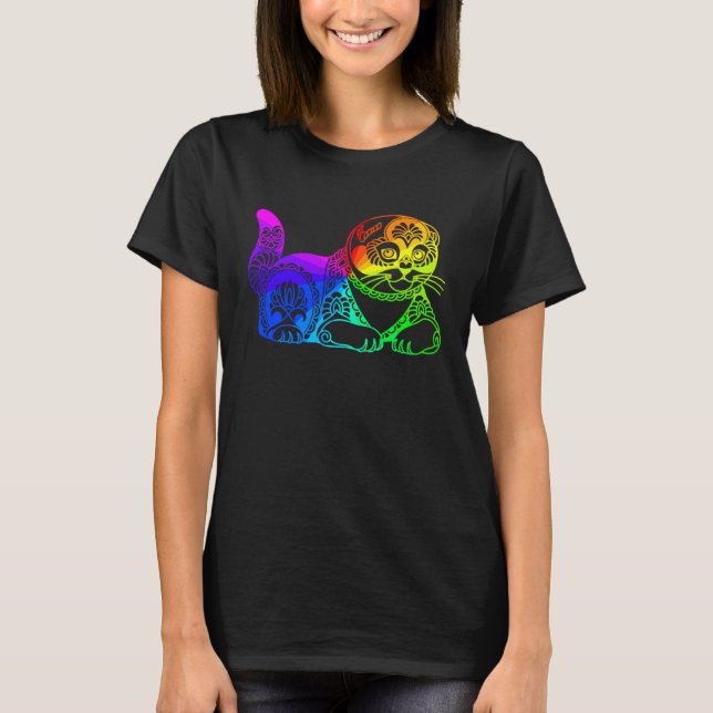 Cat Mandala Rainbow Kitty Geometric Yoga Meditatio T Shirt (Framsida)